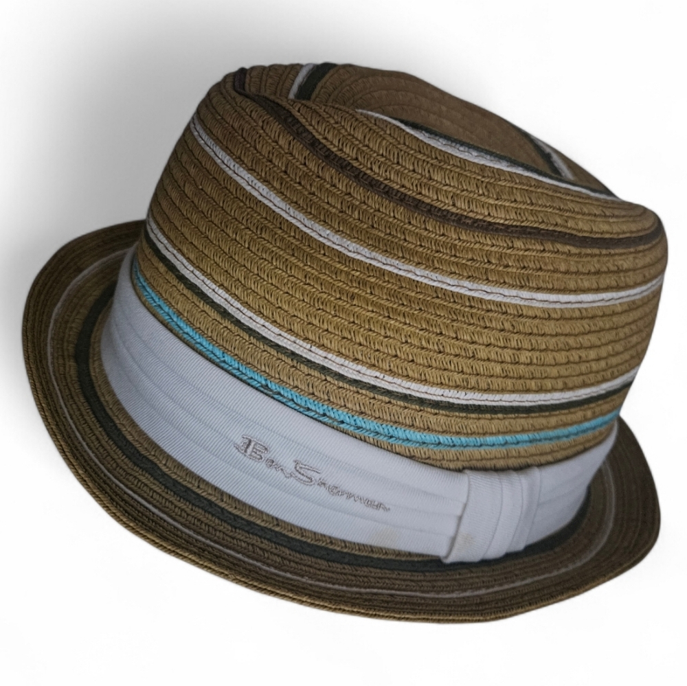 BEN SHERMAN Tan Straw Striped Band Trilby Fedora | SZ S/M - Picture 5 of 8